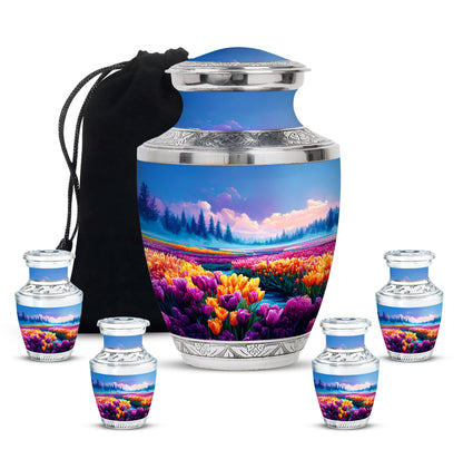 Steel Blue Garden Tulip Cremation Urn lifestyle display on memorial shelf - artistic garden tulip interpretation with creative detail - memorial set with one large and four small urns