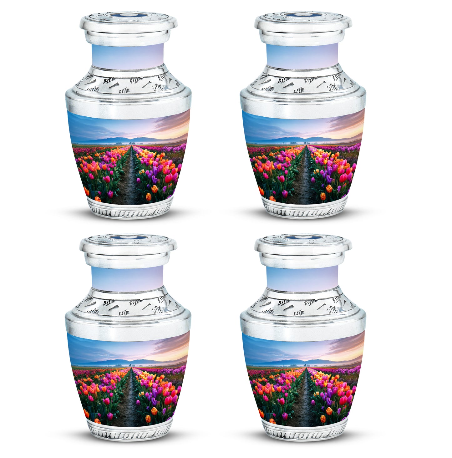 Misty Blue Garden Tulip Cremation Urn back view with polished surface - contemporary garden tulip design with modern artistic flair - 10 inch aluminum urn for cremated remains