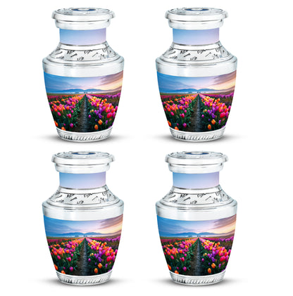 Misty Blue Garden Tulip Cremation Urn back view with polished surface - contemporary garden tulip design with modern artistic flair - 10 inch aluminum urn for cremated remains