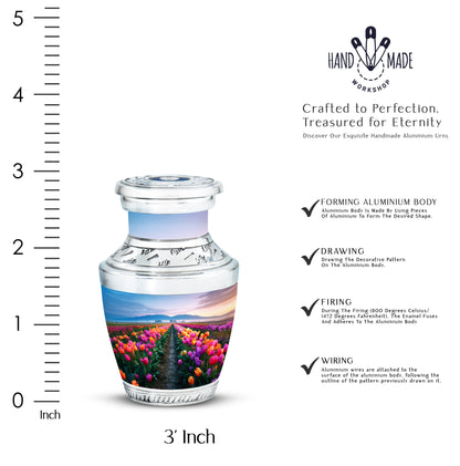 Sky Blue Garden Tulip Cremation Urn top-down view of secure threaded lid - modern art-inspired garden tulip motif on sleek aluminum - mini keepsake memorial for portion of cremation ashes