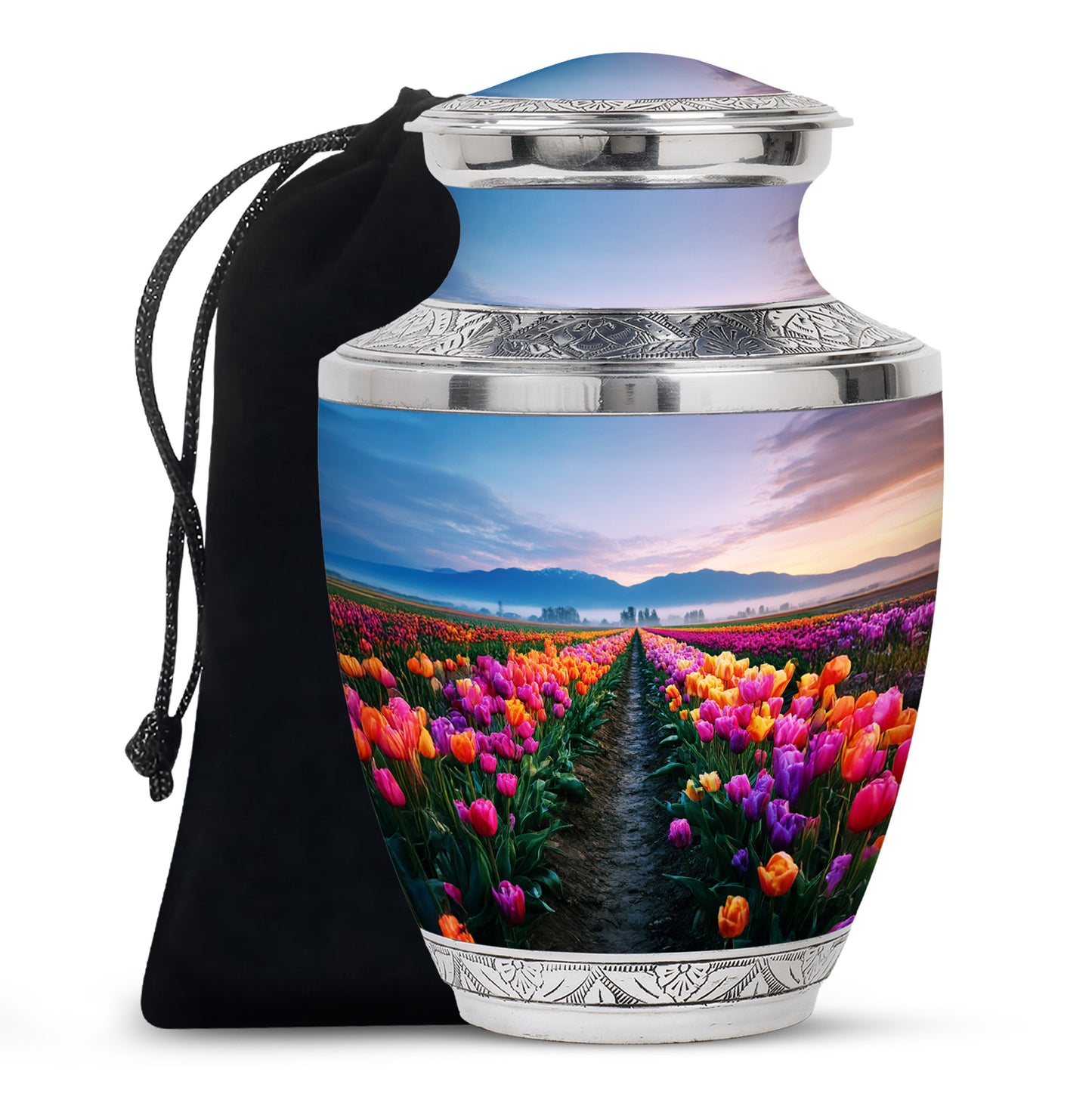 Icy Blue Garden Tulip Cremation Urn side profile showing urn shape - modern art-inspired garden tulip motif on sleek aluminum - full-size 10 inch 200 cubic inch adult cremation urn