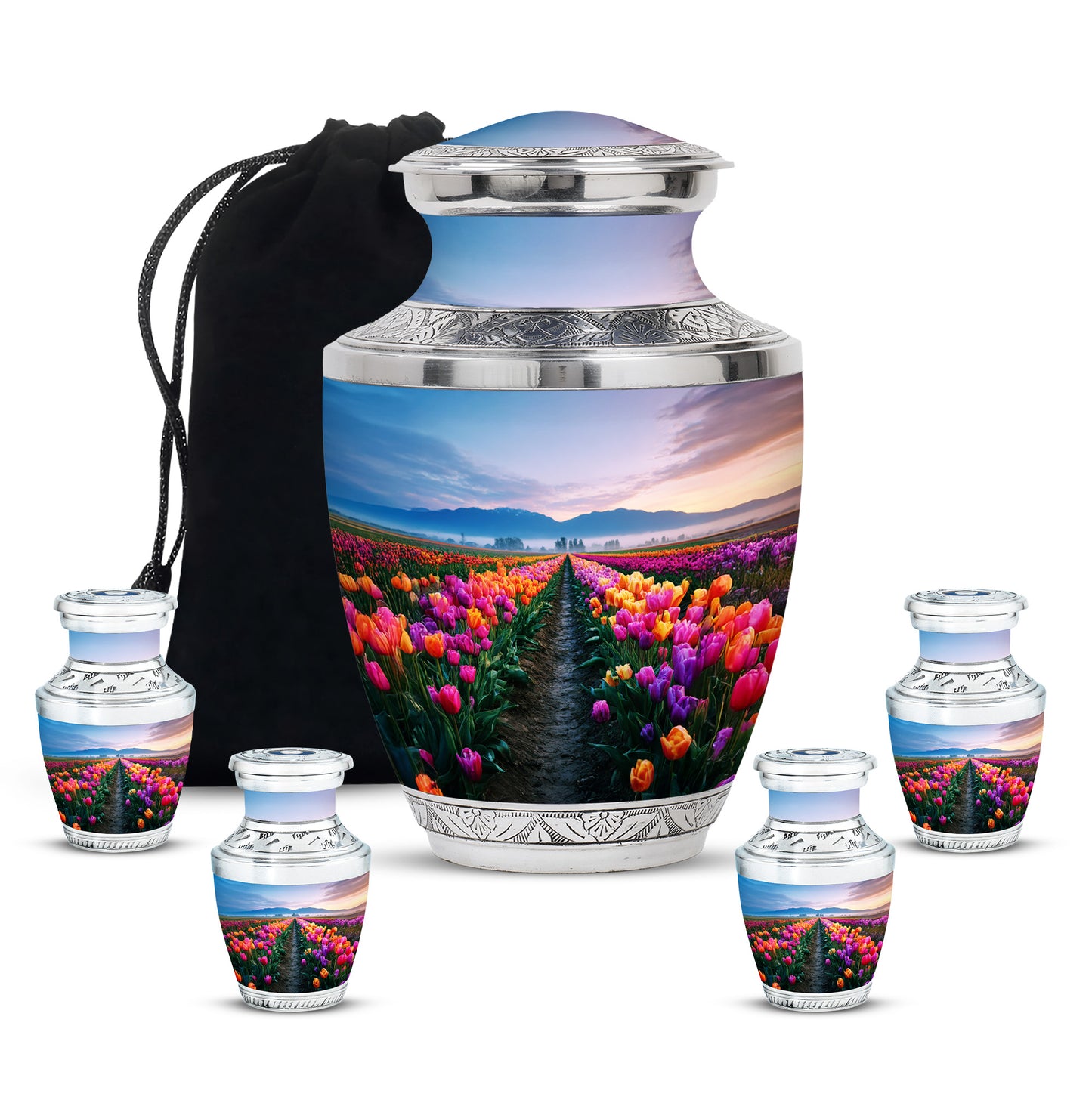 Royal Blue Garden Tulip Cremation Urn lifestyle display on memorial shelf - stylized abstract garden tulip pattern with bold lines - memorial set with one large and four small urns