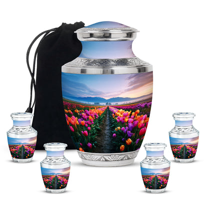 Royal Blue Garden Tulip Cremation Urn lifestyle display on memorial shelf - stylized abstract garden tulip pattern with bold lines - memorial set with one large and four small urns