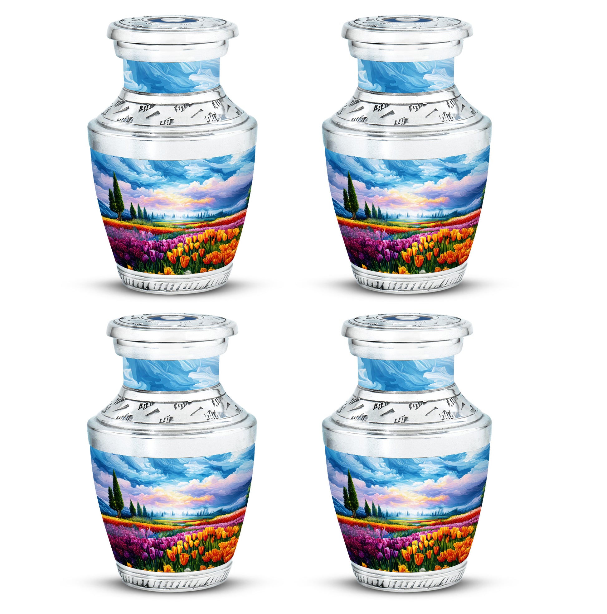 Cobalt Blue Garden Tulip Cremation Urn back view with polished surface - artistic garden tulip interpretation with creative detail - 10 inch aluminum urn for cremated remains
