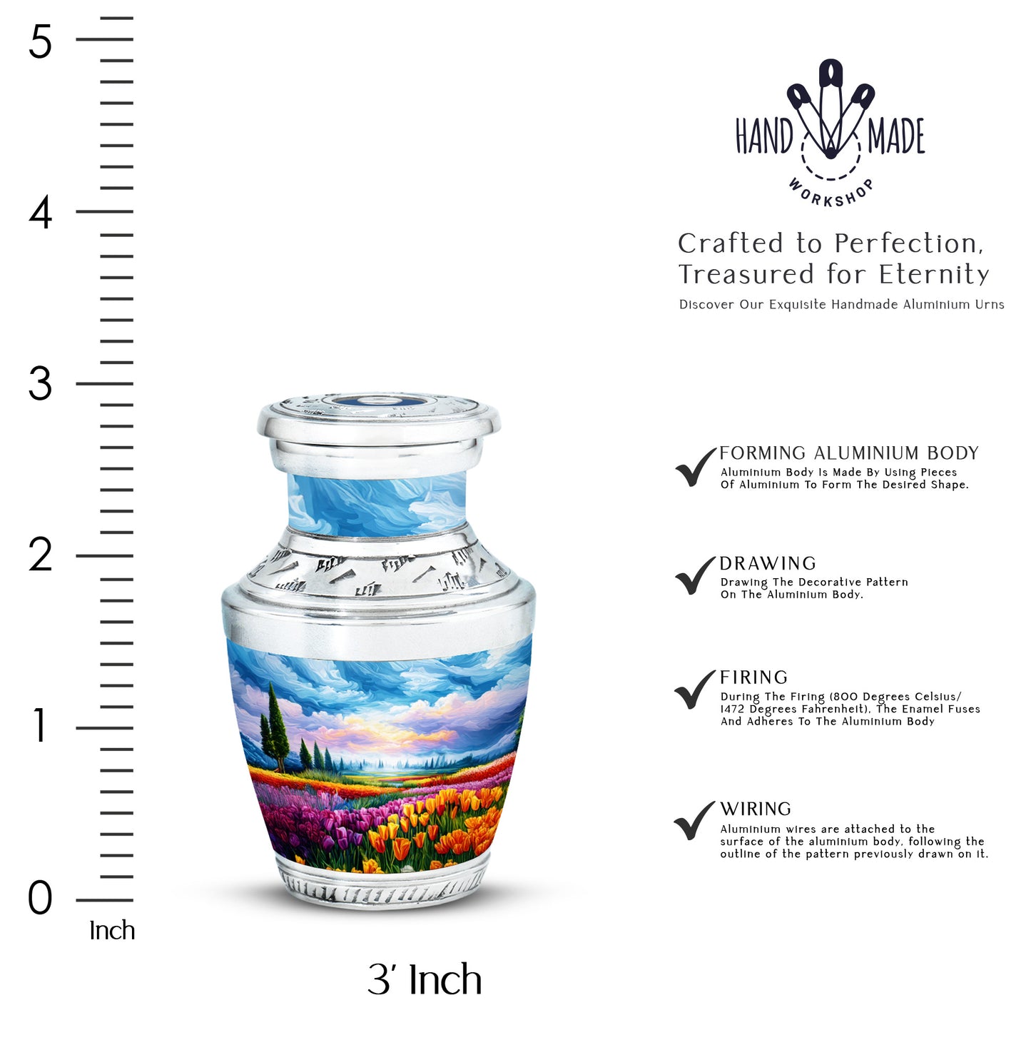 Soft Blue Garden Tulip Cremation Urn top-down view of secure threaded lid - stylized abstract garden tulip pattern with bold lines - mini keepsake memorial for portion of cremation ashes