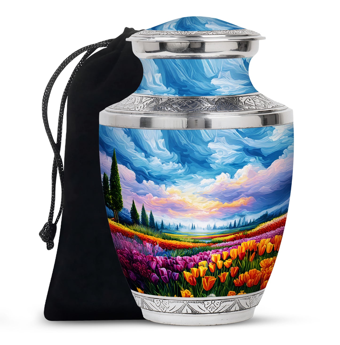 Cobalt Blue Garden Tulip Cremation Urn side profile showing urn shape - stylized abstract garden tulip pattern with bold lines - full-size 10 inch 200 cubic inch adult cremation urn