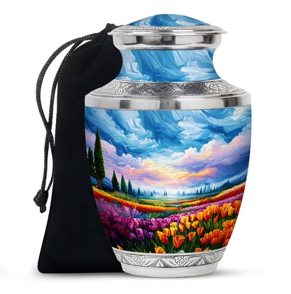Cobalt Blue Garden Tulip Cremation Urn side profile showing urn shape - stylized abstract garden tulip pattern with bold lines - full-size 10 inch 200 cubic inch adult cremation urn