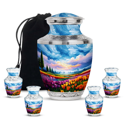 Royal Blue Garden Tulip Cremation Urn lifestyle display on memorial shelf - artistic garden tulip interpretation with creative detail - memorial set with one large and four small urns