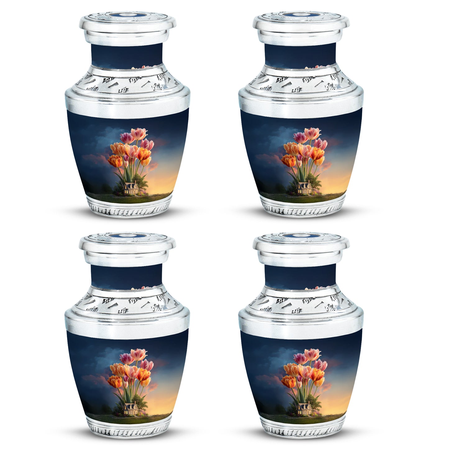 Royal Blue Garden Tulip Cremation Urn back view with polished surface - stylized abstract garden tulip pattern with bold lines - 10 inch aluminum urn for cremated remains