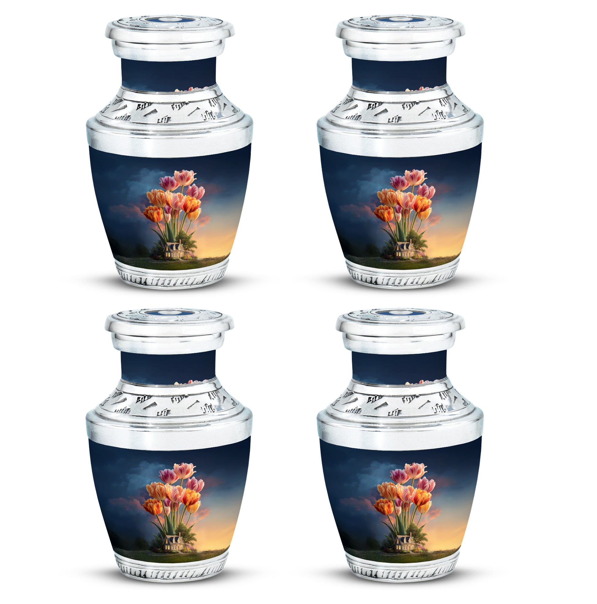 Royal Blue Garden Tulip Cremation Urn back view with polished surface - stylized abstract garden tulip pattern with bold lines - 10 inch aluminum urn for cremated remains