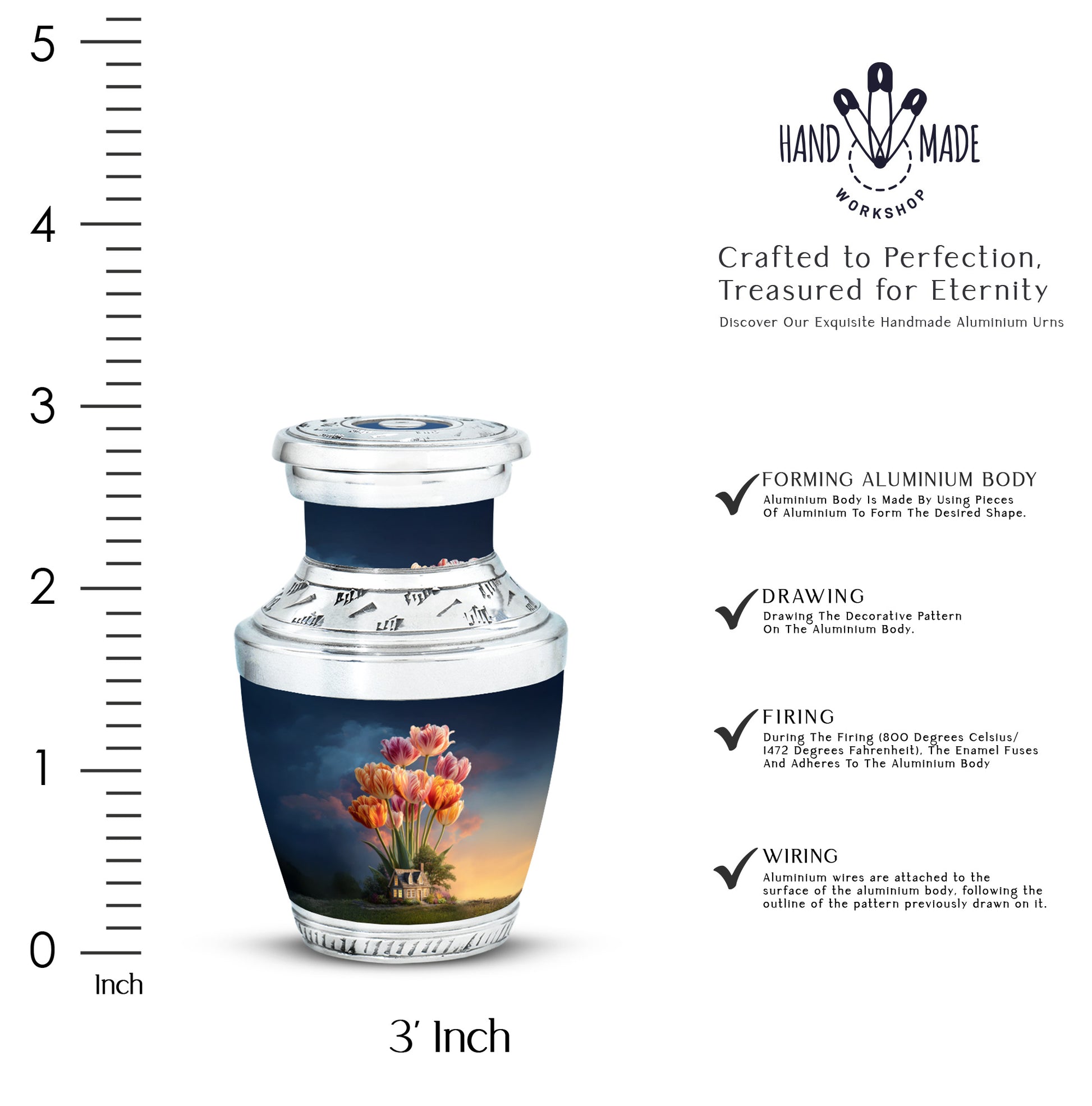 Bright Blue Garden Tulip Cremation Urn top-down view of secure threaded lid - stylized abstract garden tulip pattern with bold lines - mini keepsake memorial for portion of cremation ashes
