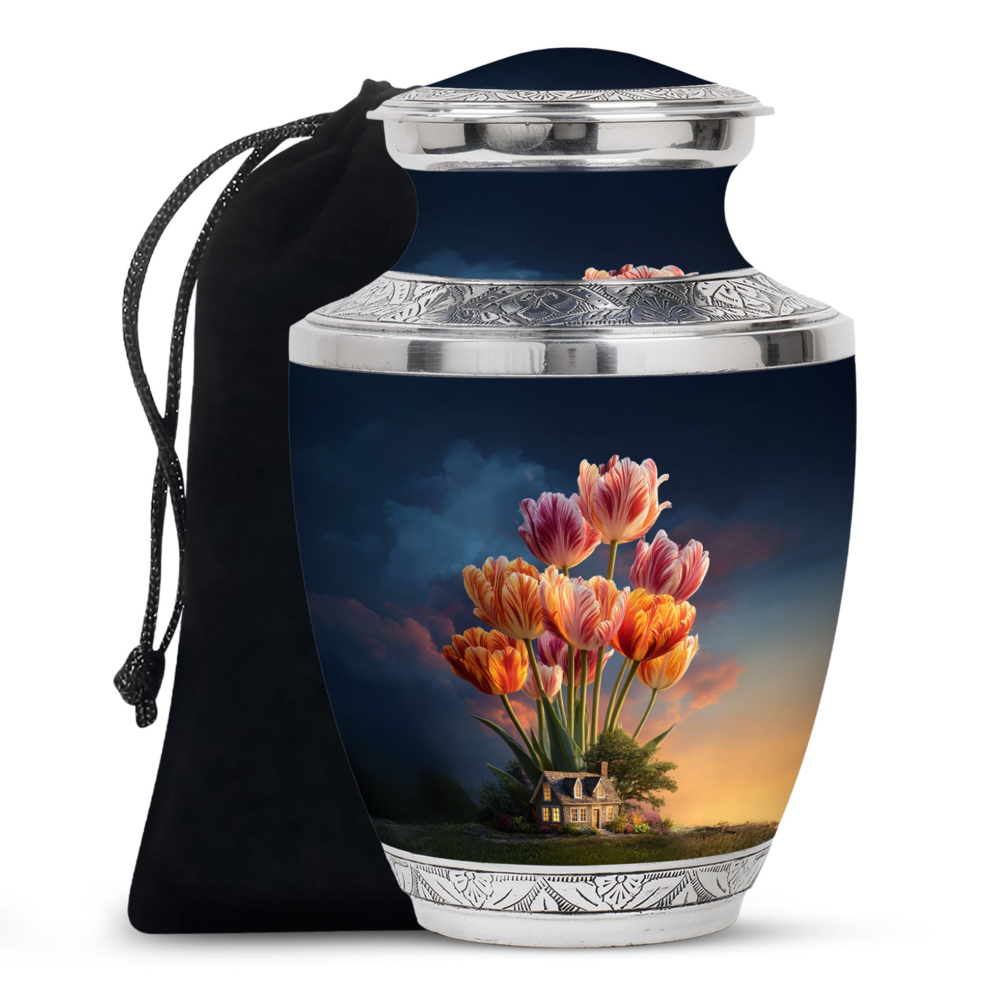 Indigo Garden Tulip Cremation Urn side profile showing urn shape - contemporary garden tulip design with modern artistic flair - full-size 10 inch 200 cubic inch adult cremation urn