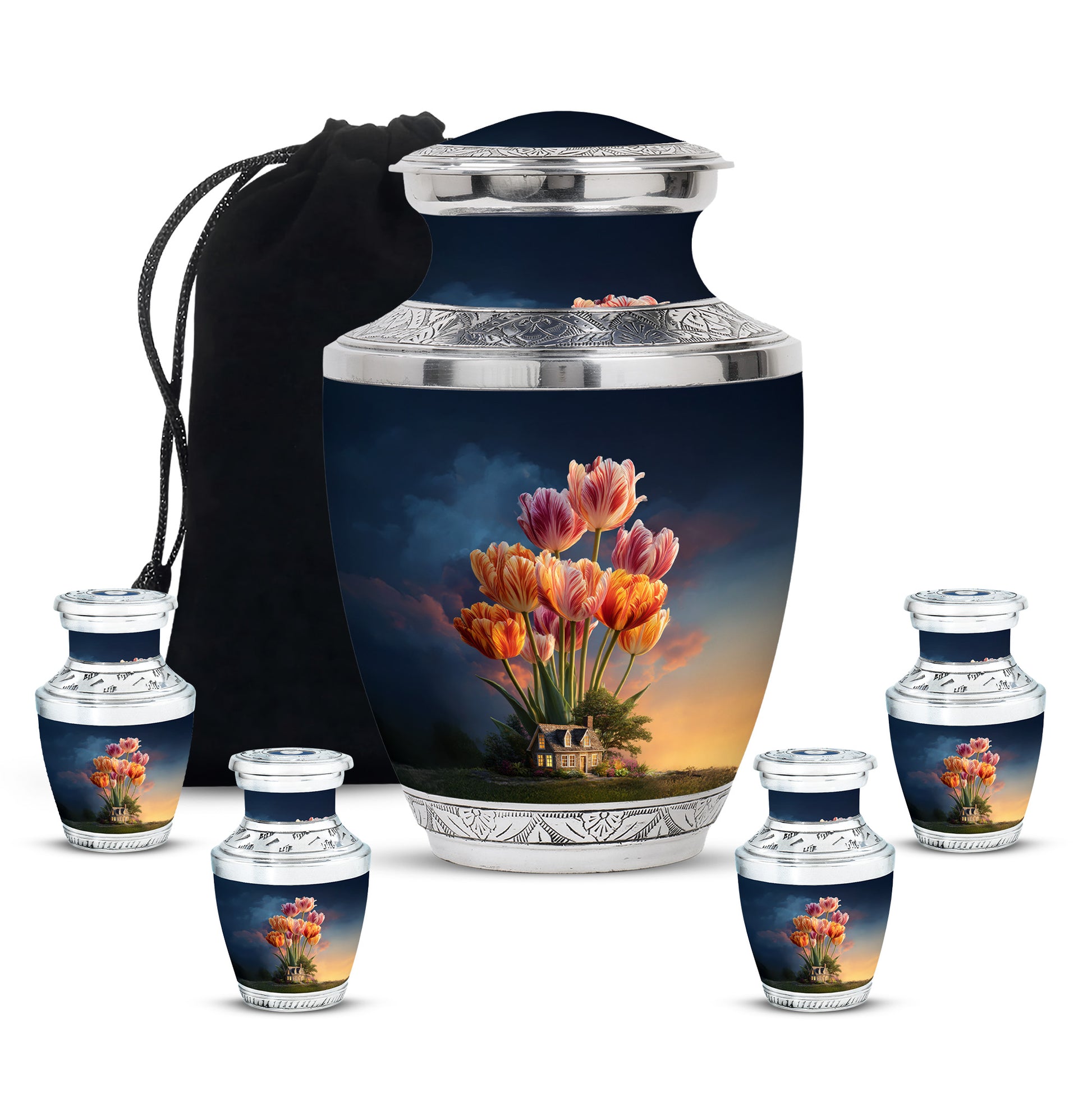 Sapphire Blue Garden Tulip Cremation Urn lifestyle display on memorial shelf - artistic garden tulip interpretation with creative detail - memorial set with one large and four small urns
