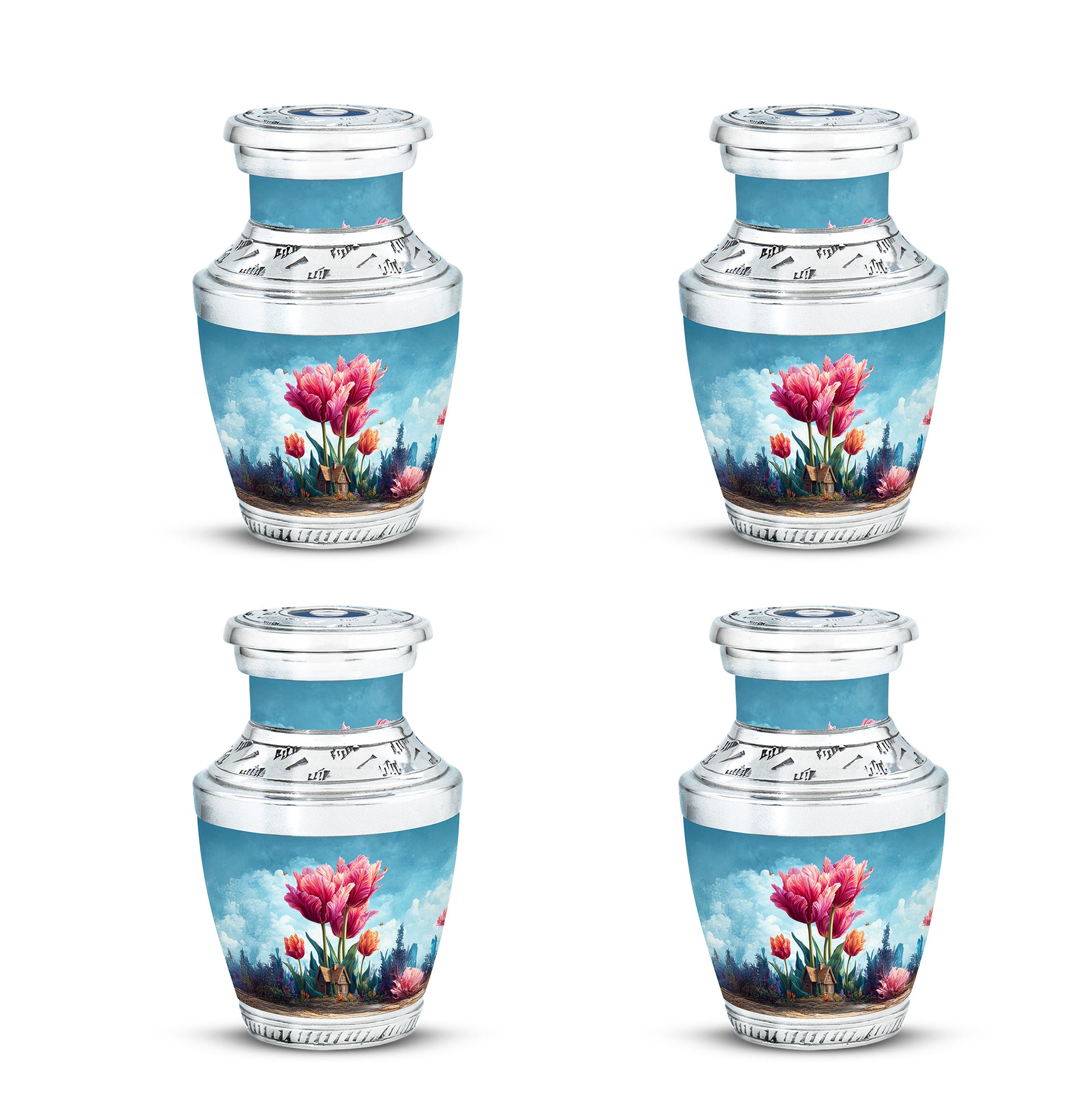 Bright Blue Garden Tulip Cremation Urn back view with polished surface - stylized abstract garden tulip pattern with bold lines - 10 inch aluminum urn for cremated remains