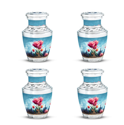 Bright Blue Garden Tulip Cremation Urn back view with polished surface - stylized abstract garden tulip pattern with bold lines - 10 inch aluminum urn for cremated remains