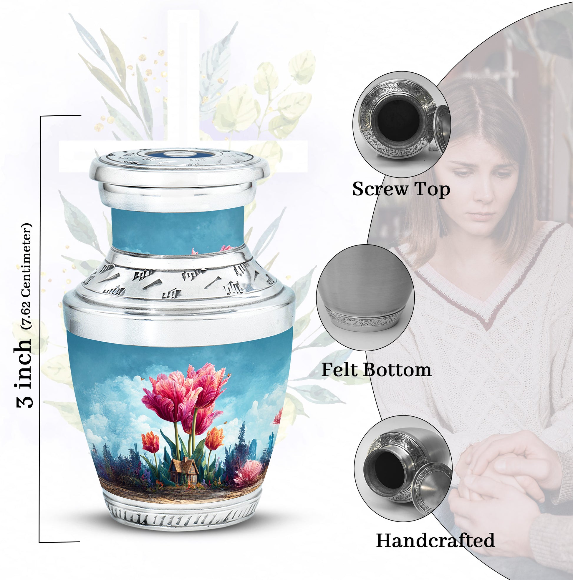 Celestial Blue Garden Tulip Cremation Urn top-down view of secure threaded lid - modern art-inspired garden tulip motif on sleek aluminum - mini keepsake memorial for portion of cremation ashes