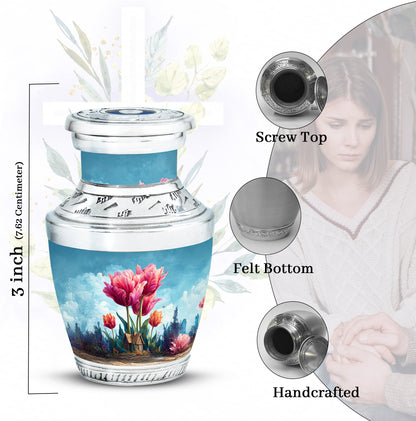 Celestial Blue Garden Tulip Cremation Urn top-down view of secure threaded lid - modern art-inspired garden tulip motif on sleek aluminum - mini keepsake memorial for portion of cremation ashes