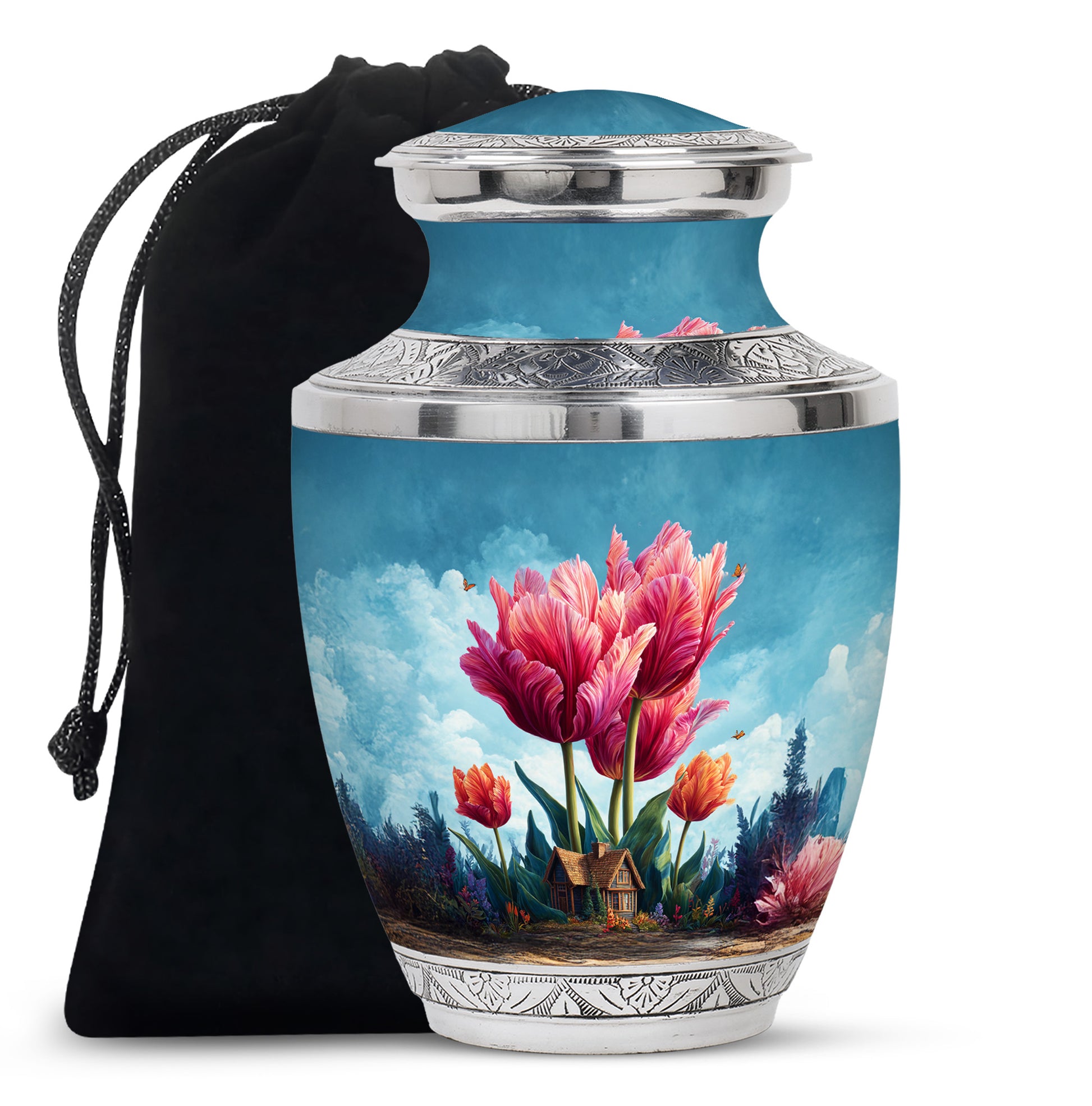 Bright Blue Garden Tulip Cremation Urn side profile showing urn shape - stylized abstract garden tulip pattern with bold lines - full-size 10 inch 200 cubic inch adult cremation urn
