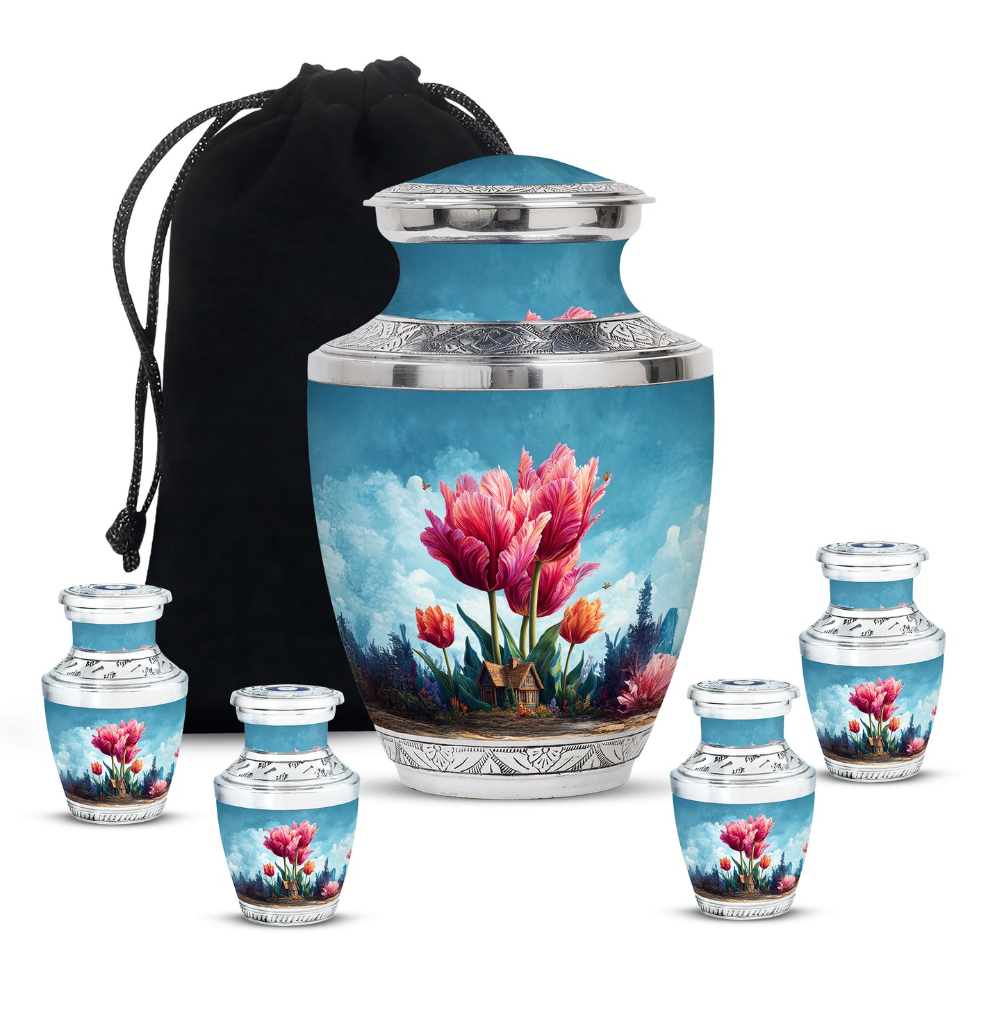 Powder Blue Garden Tulip Cremation Urn lifestyle display on memorial shelf - modern art-inspired garden tulip motif on sleek aluminum - memorial set with one large and four small urns