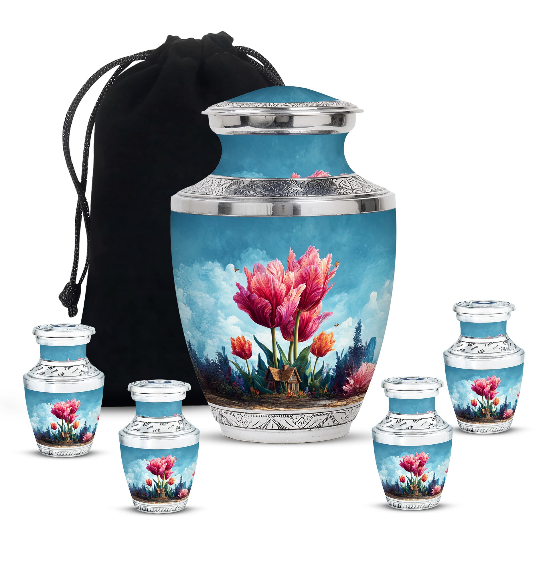 Powder Blue Garden Tulip Cremation Urn lifestyle display on memorial shelf - modern art-inspired garden tulip motif on sleek aluminum - memorial set with one large and four small urns