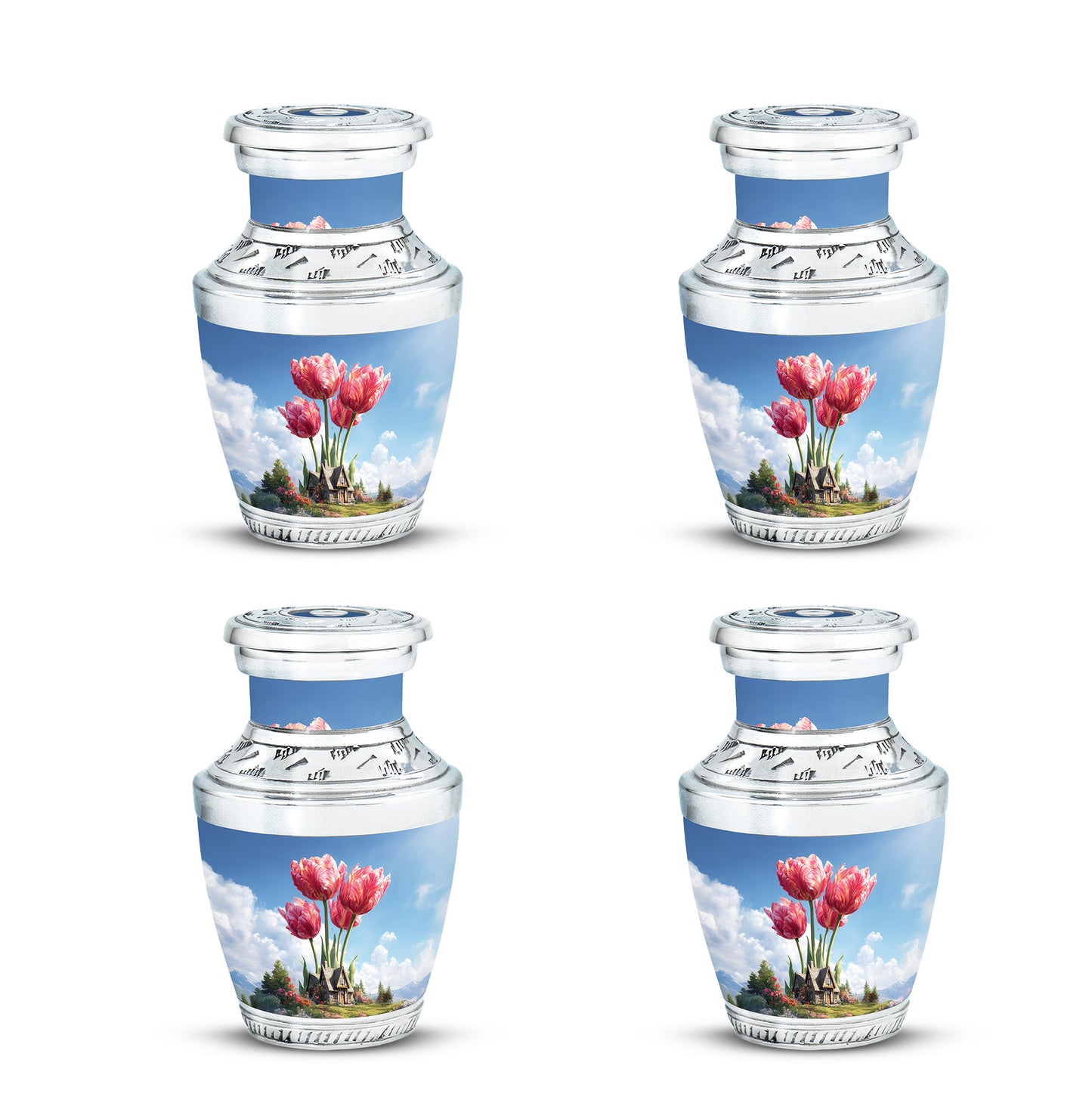 Sapphire Blue Garden Tulip Cremation Urn back view with polished surface - artistic garden tulip interpretation with creative detail - 10 inch aluminum urn for cremated remains