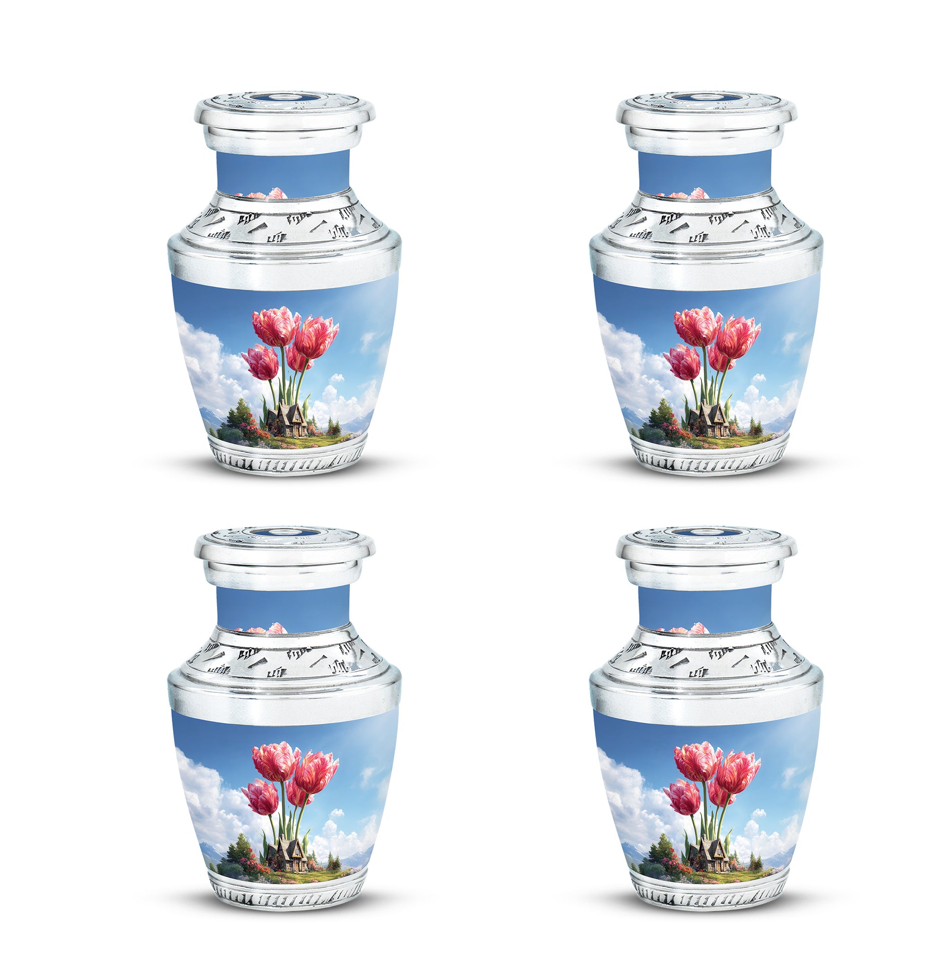 Sapphire Blue Garden Tulip Cremation Urn back view with polished surface - artistic garden tulip interpretation with creative detail - 10 inch aluminum urn for cremated remains