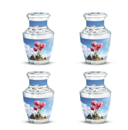 Sapphire Blue Garden Tulip Cremation Urn back view with polished surface - artistic garden tulip interpretation with creative detail - 10 inch aluminum urn for cremated remains