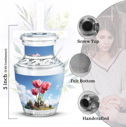 Sapphire Blue Garden Tulip Cremation Urn top-down view of secure threaded lid - stylized abstract garden tulip pattern with bold lines - mini keepsake memorial for portion of cremation ashes