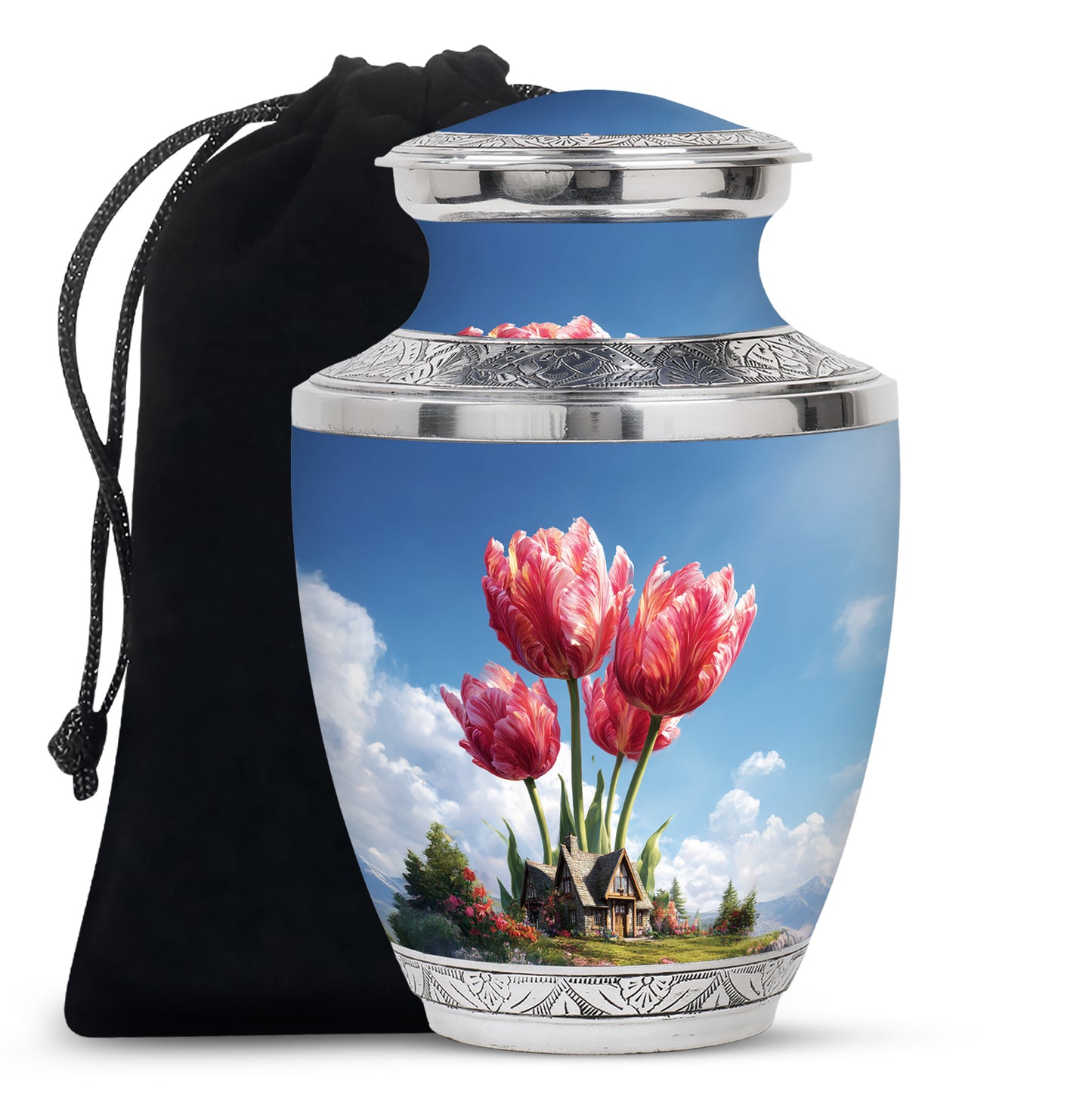 Dusty Blue Garden Tulip Cremation Urn side profile showing urn shape - modern art-inspired garden tulip motif on sleek aluminum - full-size 10 inch 200 cubic inch adult cremation urn