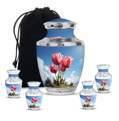Royal Blue Garden Tulip Cremation Urn lifestyle display on memorial shelf - artistic garden tulip interpretation with creative detail - memorial set with one large and four small urns