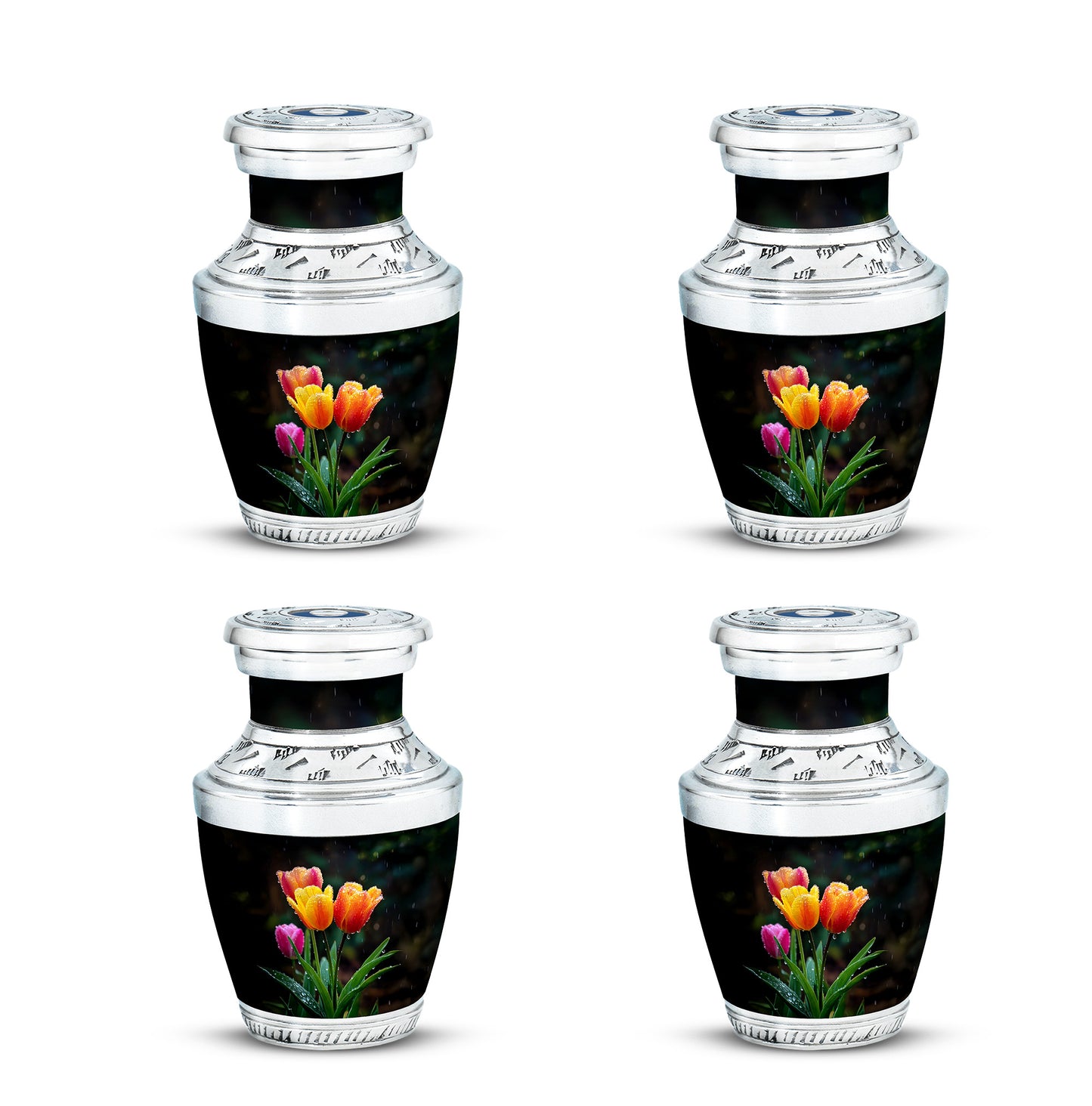 Midnight Black Garden Tulip Cremation Urn back view with polished surface - artistic garden tulip interpretation with creative detail - 10 inch aluminum urn for cremated remains