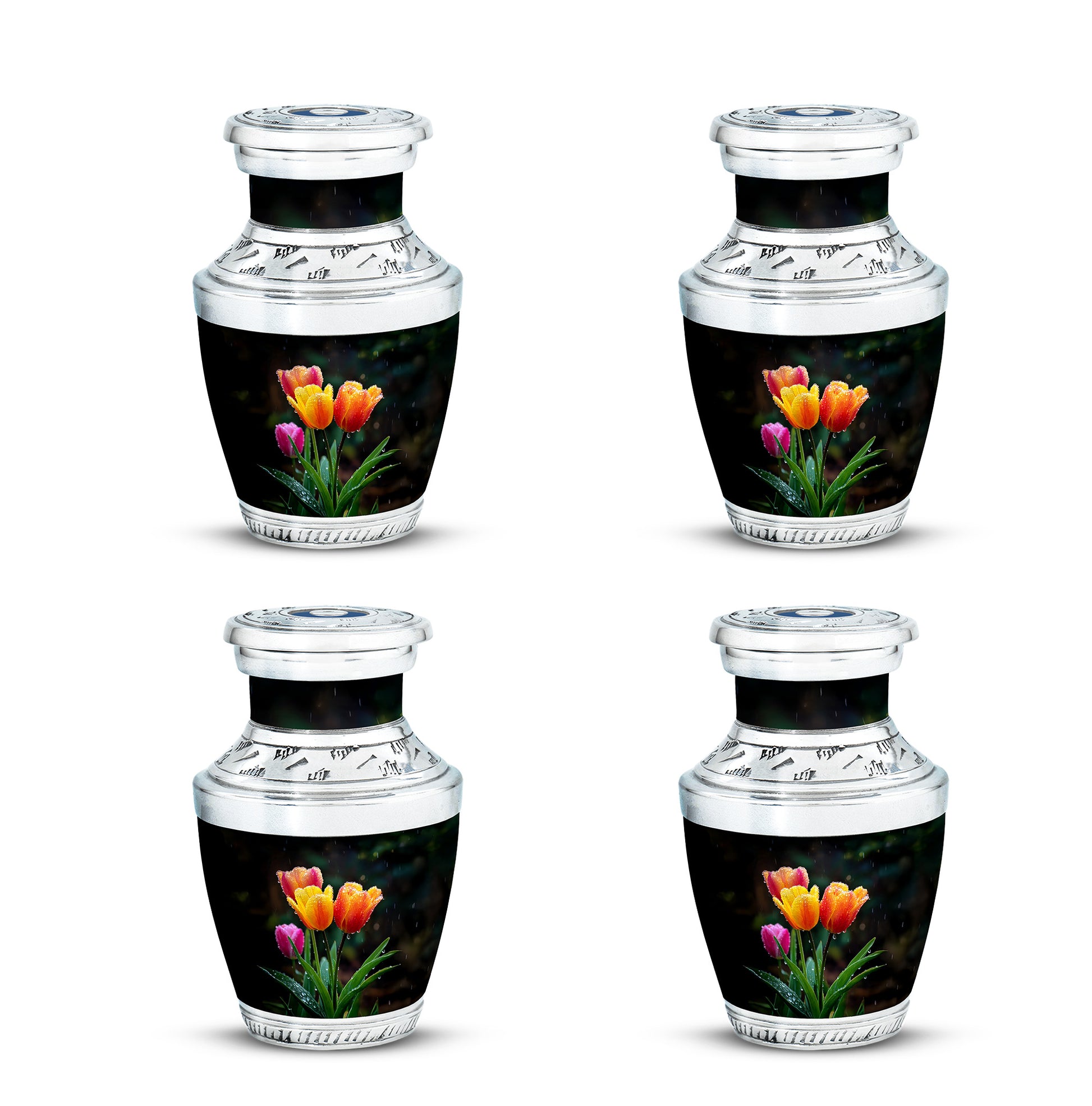 Midnight Black Garden Tulip Cremation Urn back view with polished surface - artistic garden tulip interpretation with creative detail - 10 inch aluminum urn for cremated remains