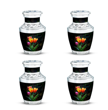 Midnight Black Garden Tulip Cremation Urn back view with polished surface - artistic garden tulip interpretation with creative detail - 10 inch aluminum urn for cremated remains