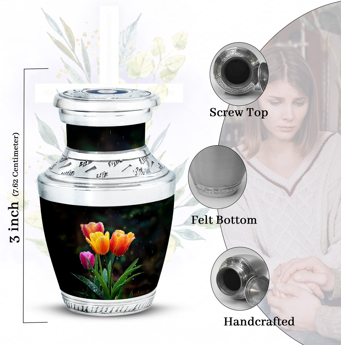 Onyx Black Garden Tulip Cremation Urn top-down view of secure threaded lid - stylized abstract garden tulip pattern with bold lines - mini keepsake memorial for portion of cremation ashes