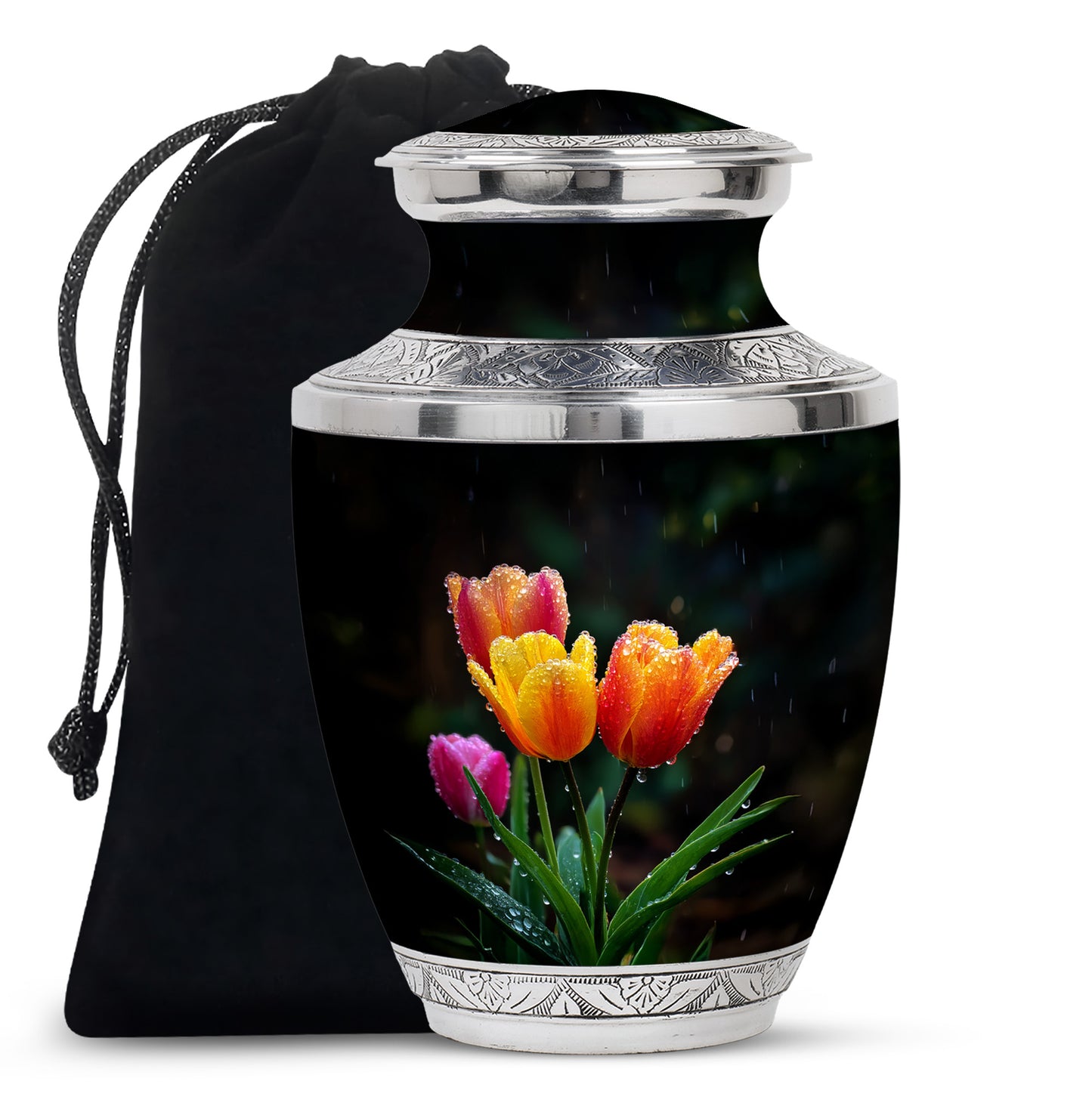 Onyx Black Garden Tulip Cremation Urn side profile showing urn shape - artistic garden tulip interpretation with creative detail - full-size 10 inch 200 cubic inch adult cremation urn