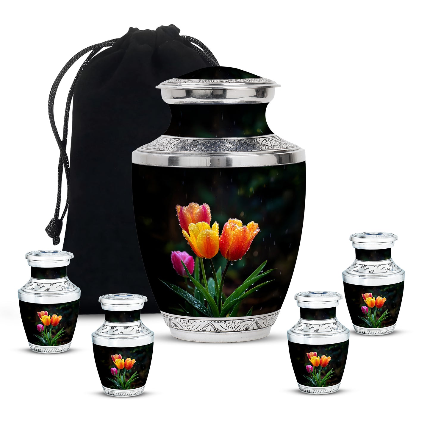 Onyx Black Garden Tulip Cremation Urn lifestyle display on memorial shelf - stylized abstract garden tulip pattern with bold lines - memorial set with one large and four small urns