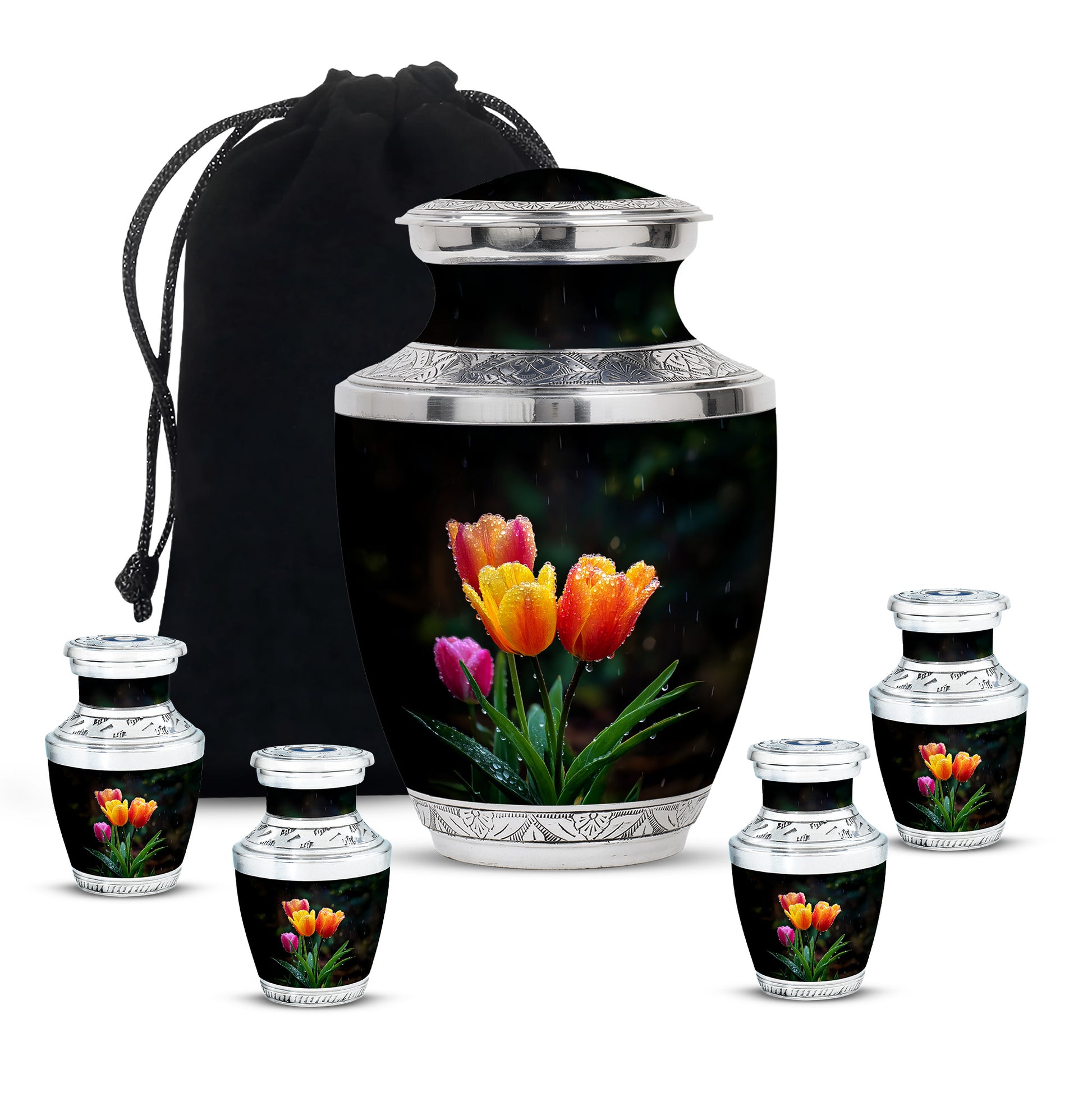 Onyx Black Garden Tulip Cremation Urn lifestyle display on memorial shelf - stylized abstract garden tulip pattern with bold lines - memorial set with one large and four small urns
