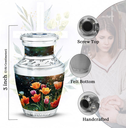 Onyx Black Garden Tulip Cremation Urn top-down view of secure threaded lid - stylized abstract garden tulip pattern with bold lines - mini keepsake memorial for portion of cremation ashes