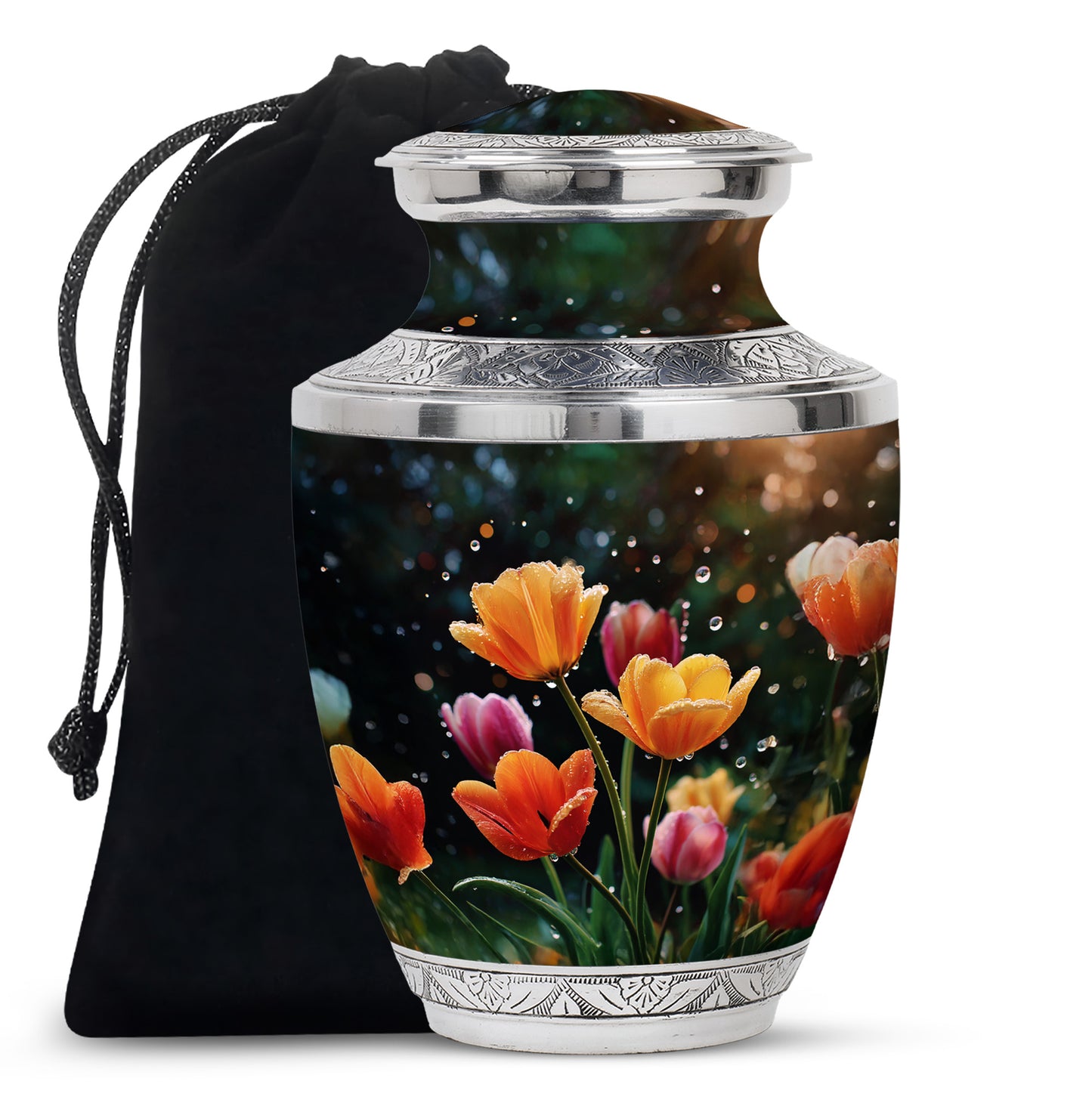 Charcoal Black Garden Tulip Cremation Urn side profile showing urn shape - stylized abstract garden tulip pattern with bold lines - full-size 10 inch 200 cubic inch adult cremation urn
