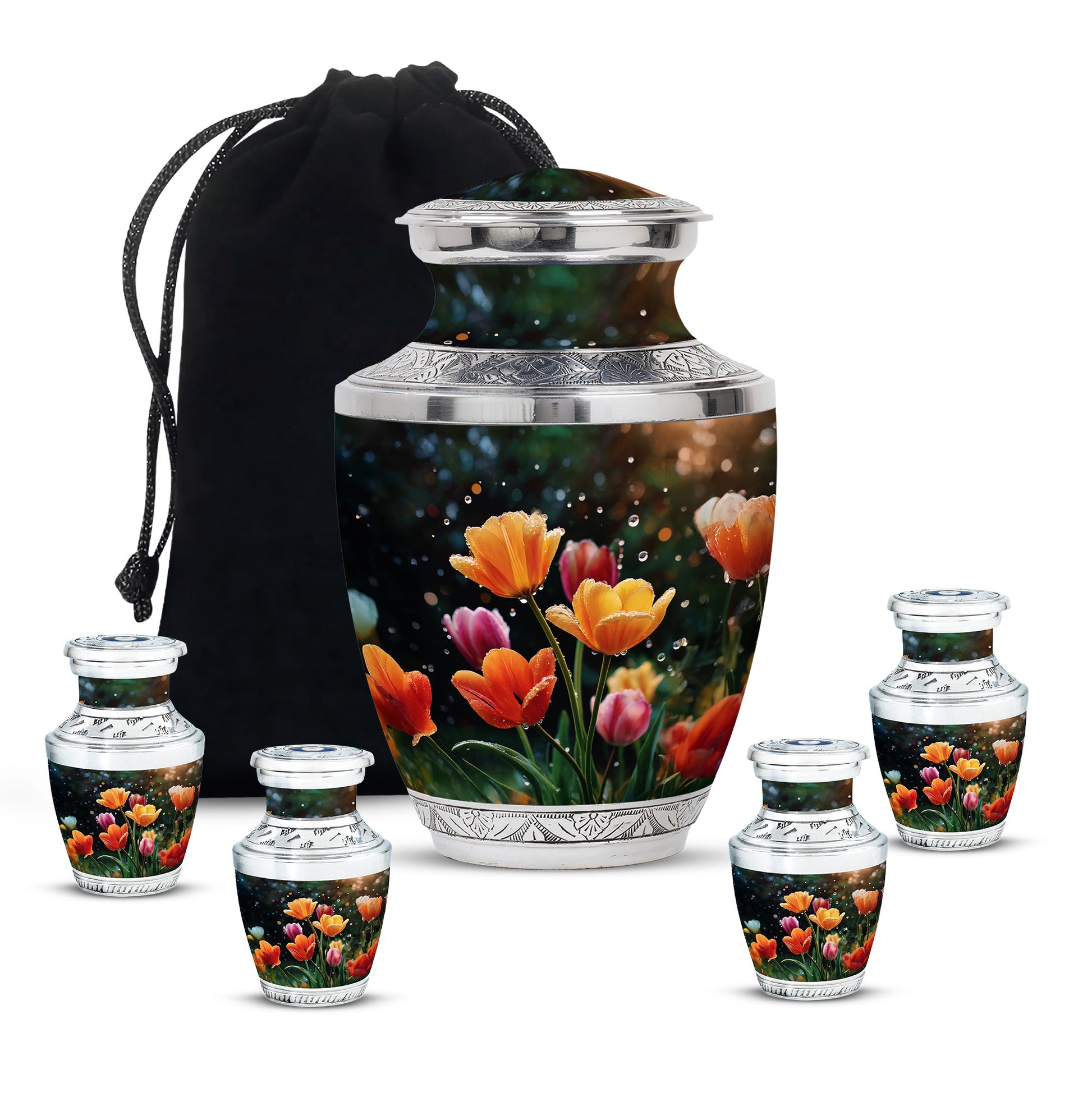Rich Black Garden Tulip Cremation Urn lifestyle display on memorial shelf - contemporary garden tulip design with modern artistic flair - memorial set with one large and four small urns