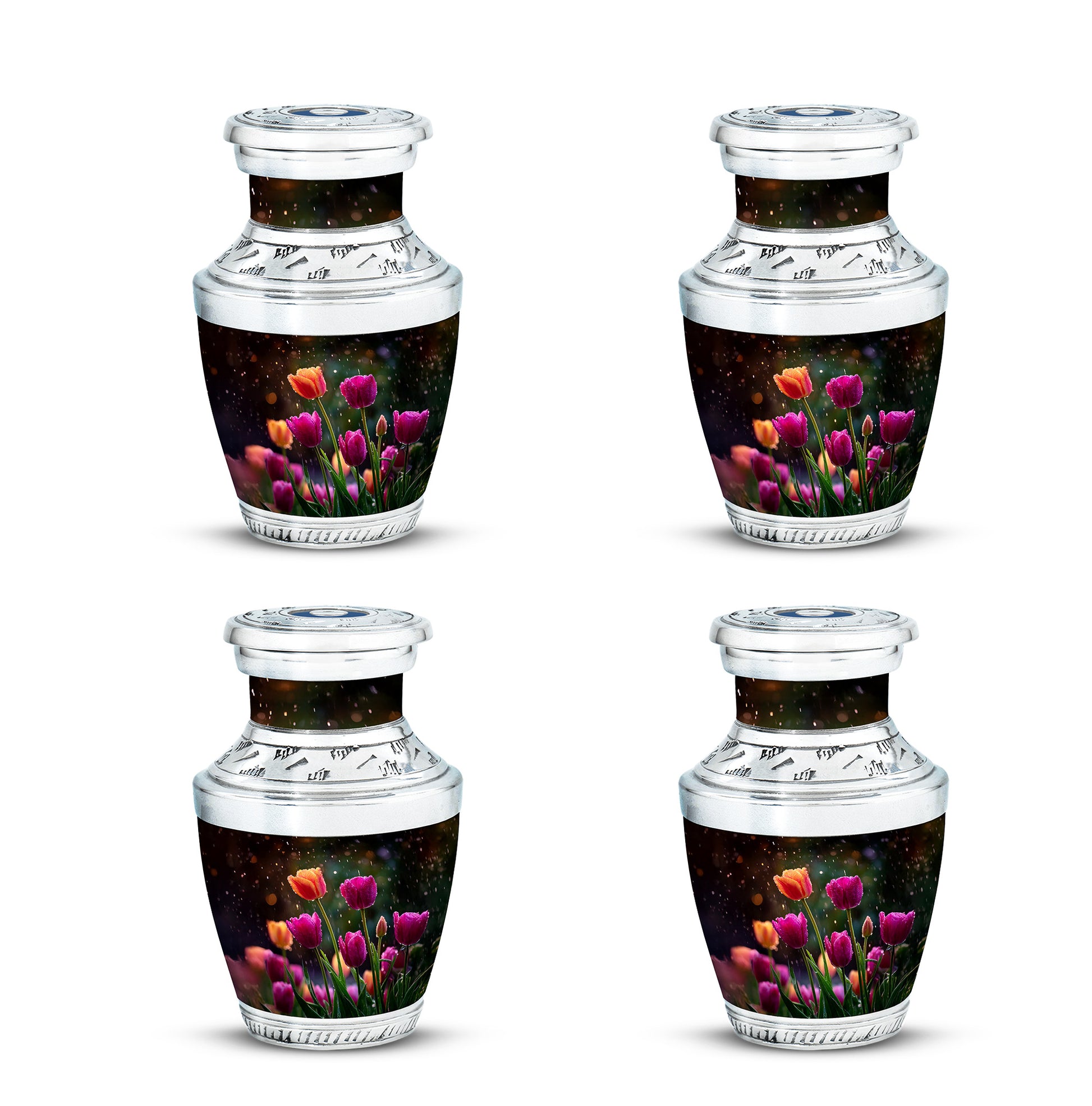 Rich Black Garden Tulip Cremation Urn back view with polished surface - modern art-inspired garden tulip motif on sleek aluminum - 10 inch aluminum urn for cremated remains