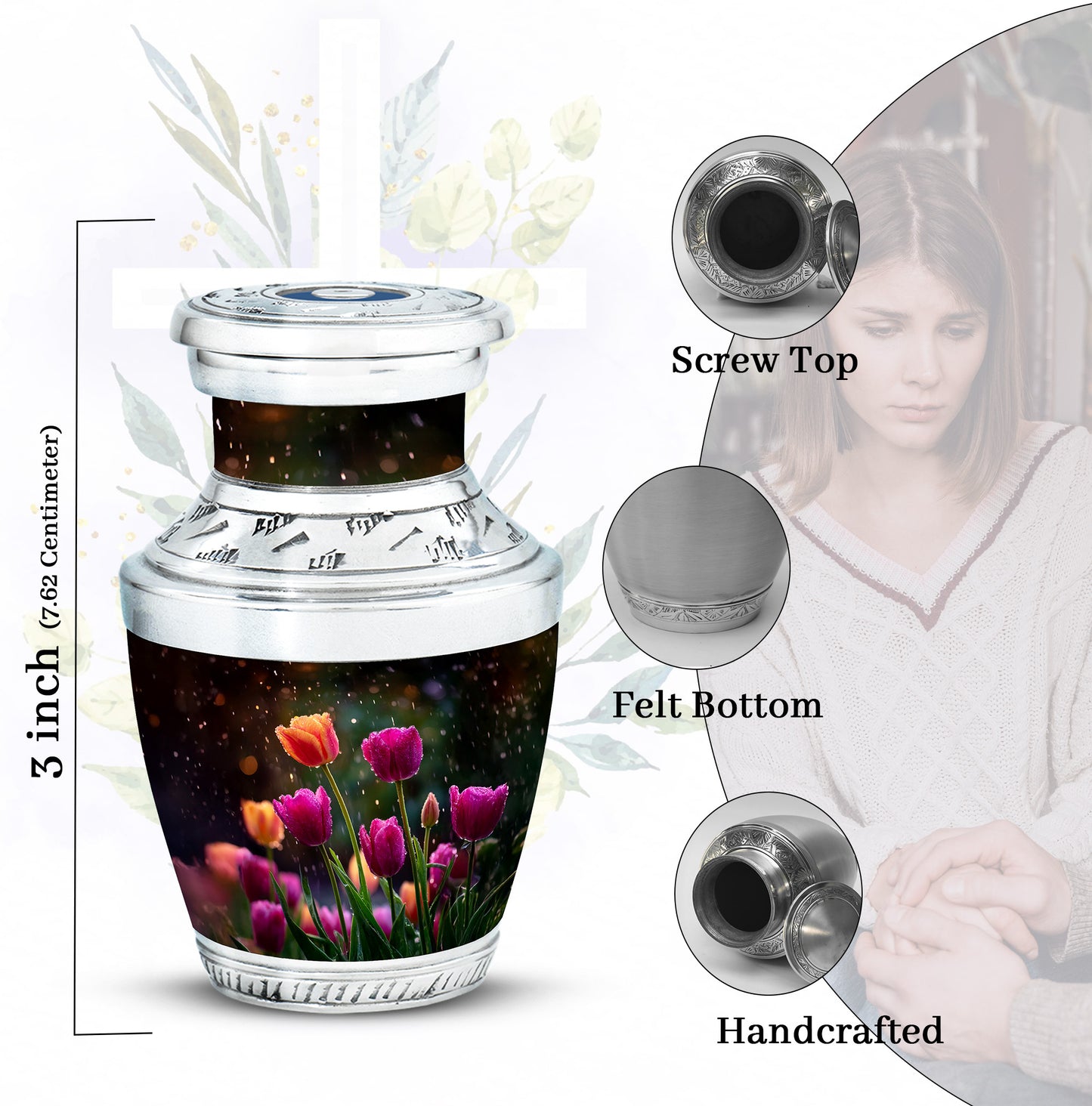 Charcoal Black Garden Tulip Cremation Urn top-down view of secure threaded lid - artistic garden tulip interpretation with creative detail - mini keepsake memorial for portion of cremation ashes