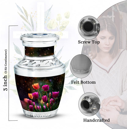 Charcoal Black Garden Tulip Cremation Urn top-down view of secure threaded lid - artistic garden tulip interpretation with creative detail - mini keepsake memorial for portion of cremation ashes