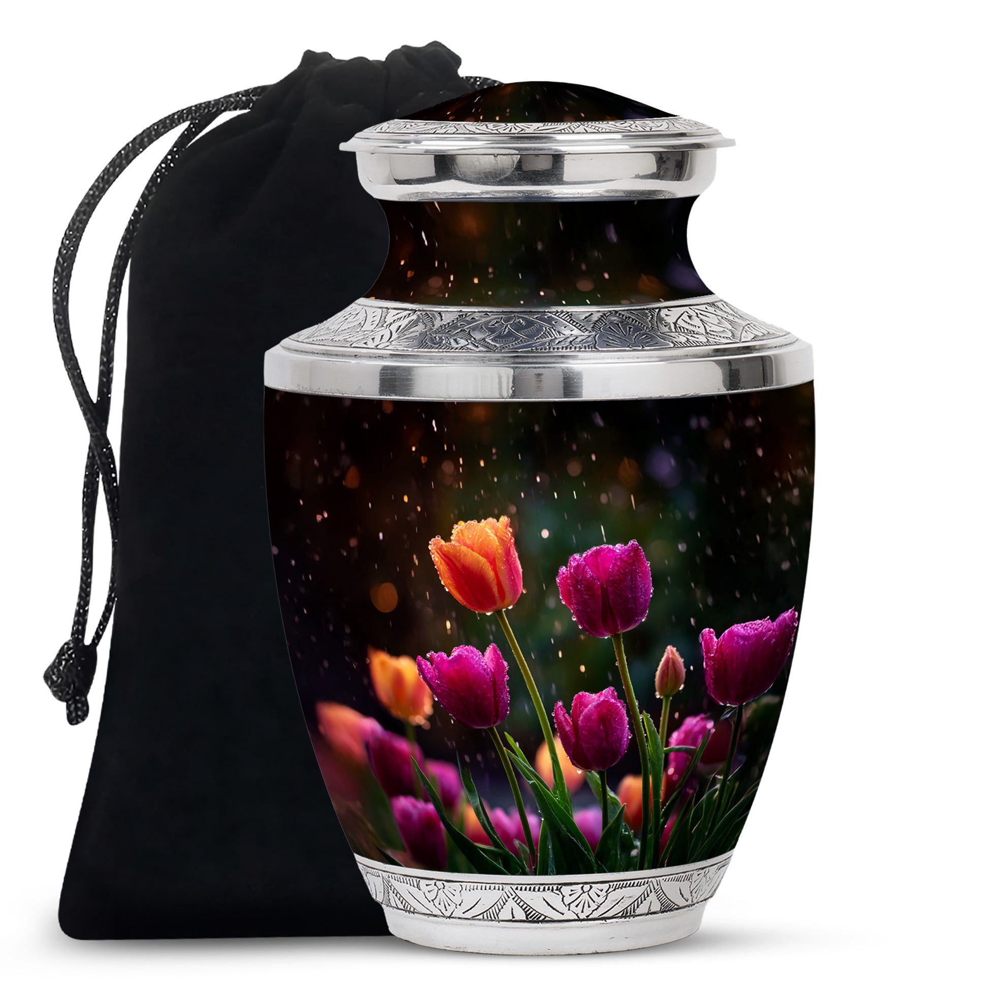 Obsidian Black Garden Tulip Cremation Urn side profile showing urn shape - artistic garden tulip interpretation with creative detail - full-size 10 inch 200 cubic inch adult cremation urn