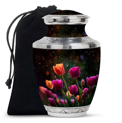 Obsidian Black Garden Tulip Cremation Urn side profile showing urn shape - artistic garden tulip interpretation with creative detail - full-size 10 inch 200 cubic inch adult cremation urn