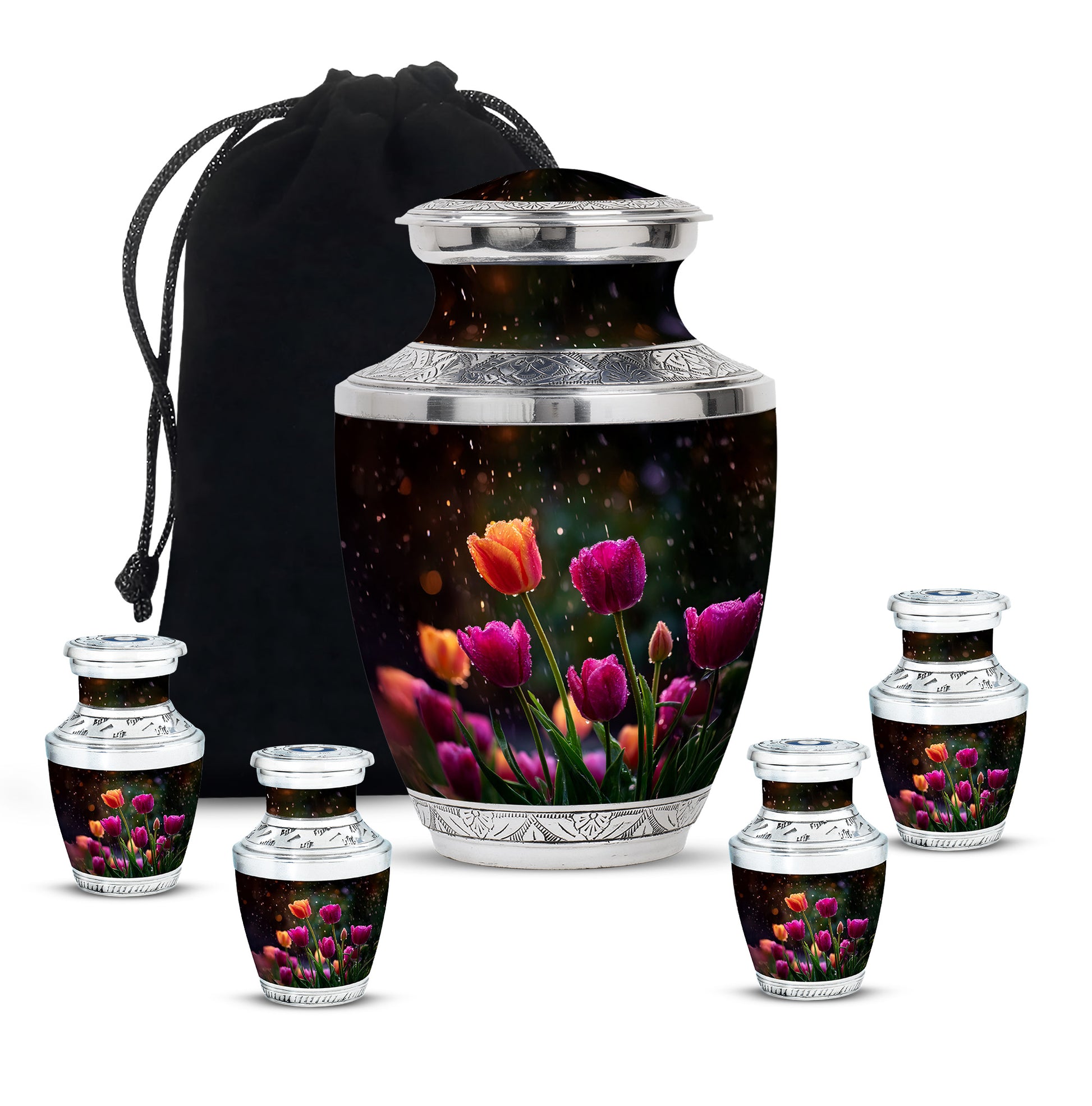 Midnight Black Garden Tulip Cremation Urn lifestyle display on memorial shelf - artistic garden tulip interpretation with creative detail - memorial set with one large and four small urns