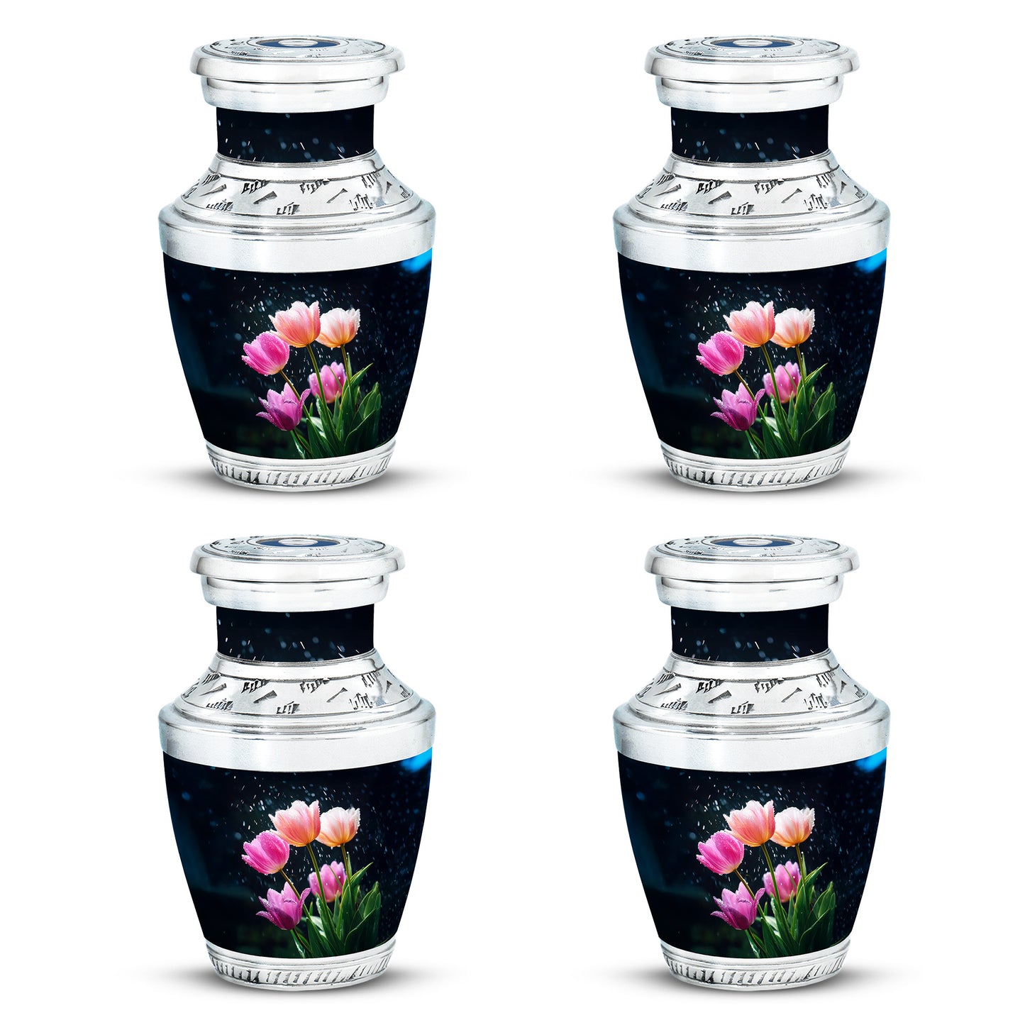 Cornflower Blue Garden Tulip Cremation Urn back view with polished surface - artistic garden tulip interpretation with creative detail - 10 inch aluminum urn for cremated remains