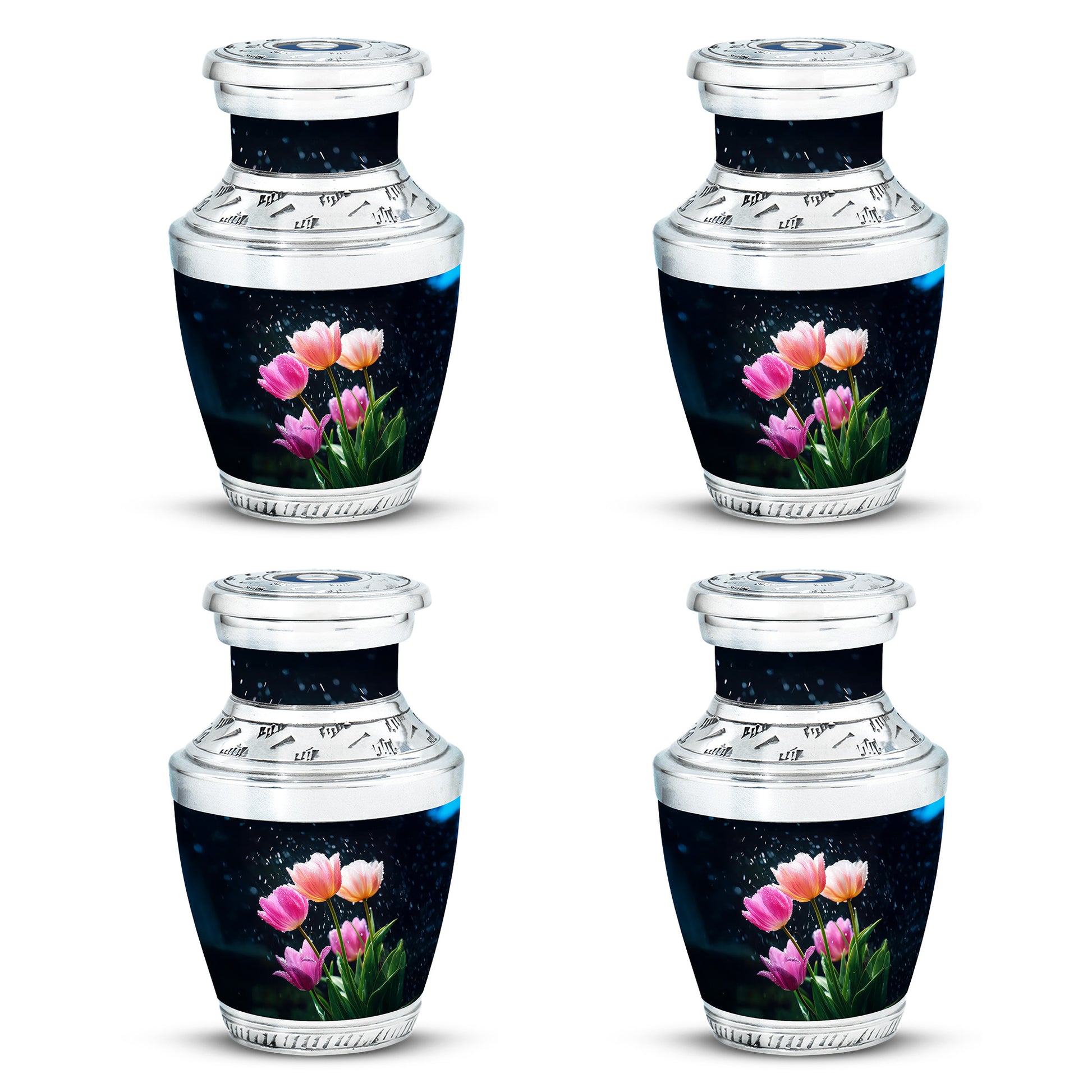 Cornflower Blue Garden Tulip Cremation Urn back view with polished surface - artistic garden tulip interpretation with creative detail - 10 inch aluminum urn for cremated remains