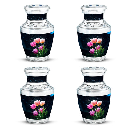 Cornflower Blue Garden Tulip Cremation Urn back view with polished surface - artistic garden tulip interpretation with creative detail - 10 inch aluminum urn for cremated remains
