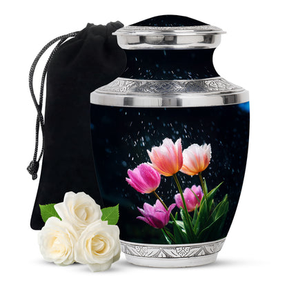 Misty Blue Garden Tulip Cremation Urn side profile showing urn shape - modern art-inspired garden tulip motif on sleek aluminum - full-size 10 inch 200 cubic inch adult cremation urn